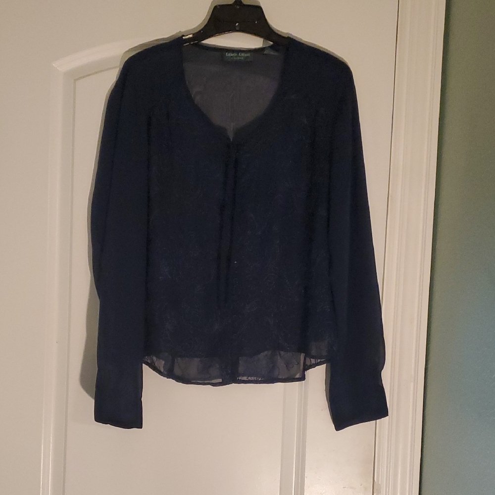 Navy Sheer Long-Sleeve Scoop Neck Blouse